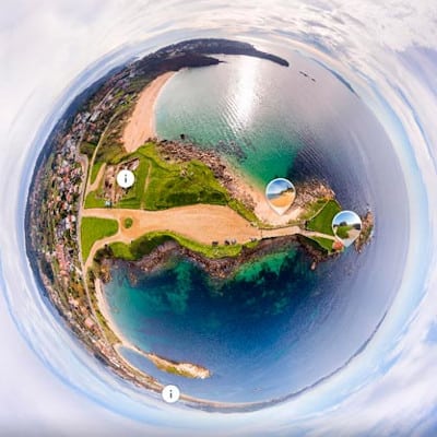 Imagen con proyección little planet de una foto 360 realizada con drone en la ermita de la lanzada
