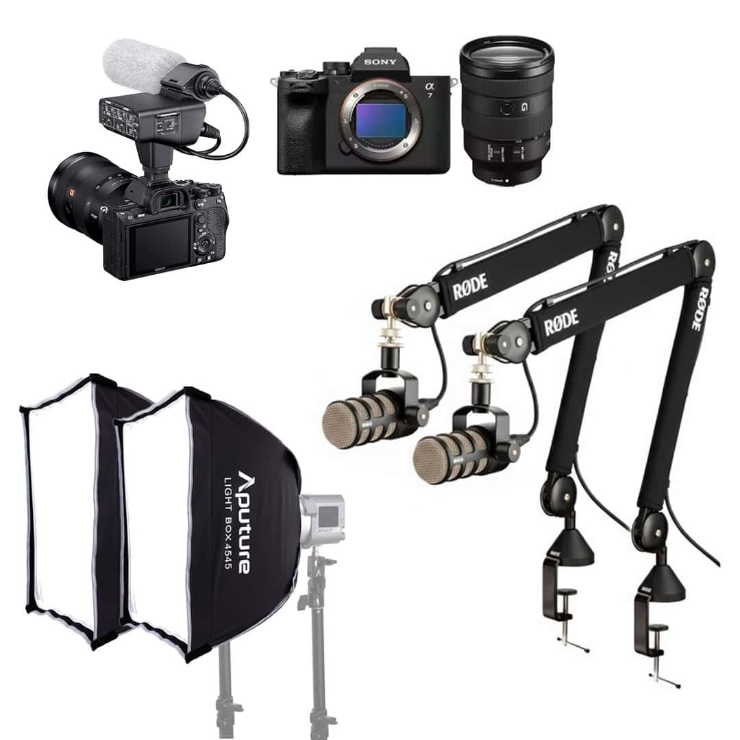 kit podcast pro con 2 micros, 2 camaras e iluminación.